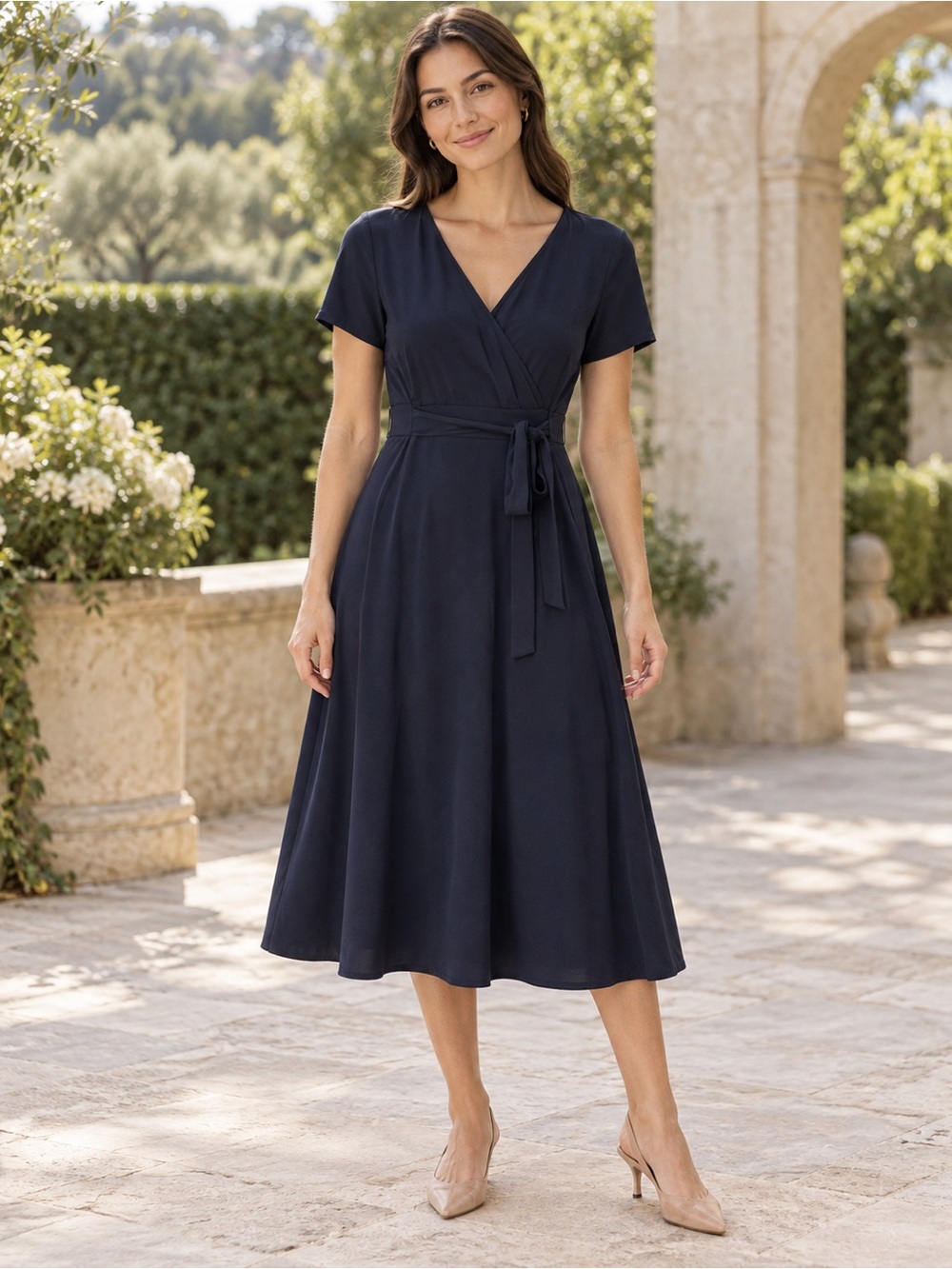 Brookstone Navy Wrap Midi Dress with Tie Waist 0029